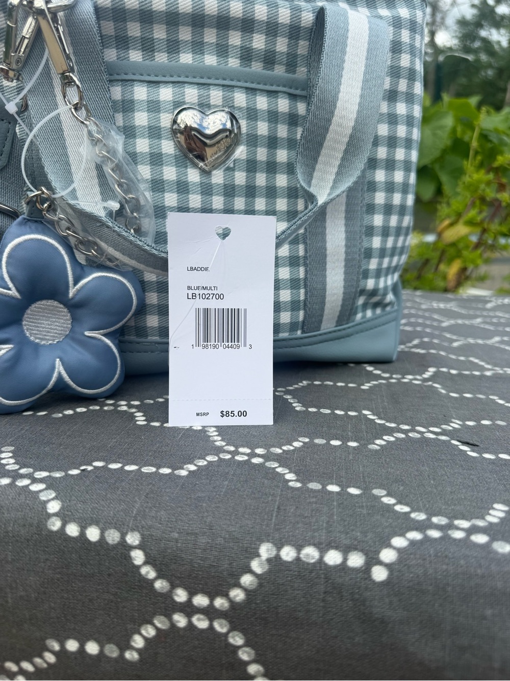 Betsey Johnson Blue and White Gingham Crossbody Bag with Flower Charm NWT - Picture 3 of 8